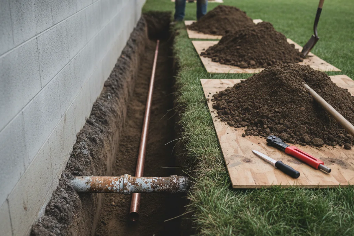 Excavated water line trench during Water Softener Installation in Glenwood Landing